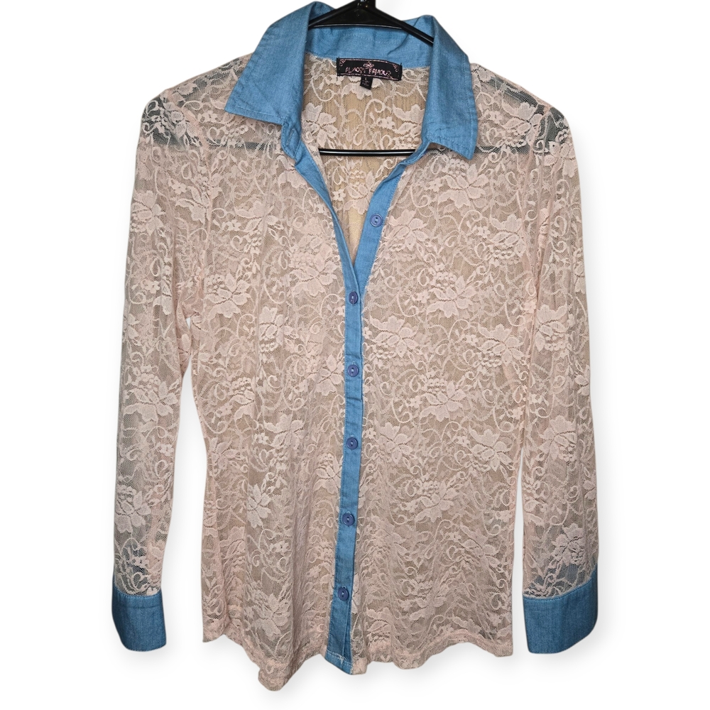 Lace Button-Up Shirt with Denim Accents Almost Famous TOP